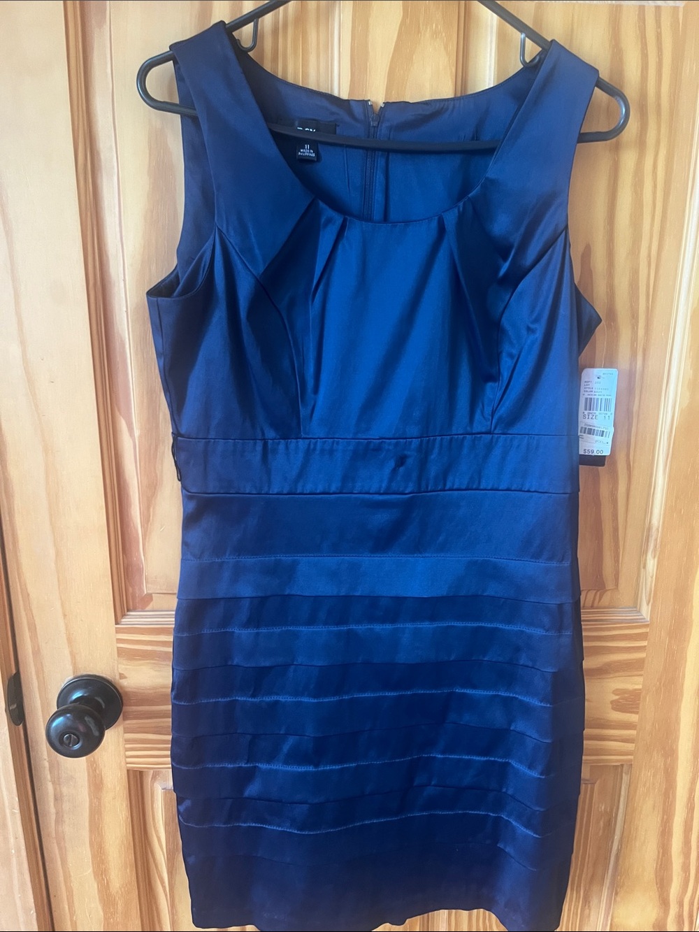 BCX Navy Satin Tiered Sheath Dress - Size 11